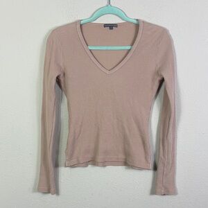 James Perse Deep V-Neck Long Sleeve Ribbed Top Soft Tan Color size 1